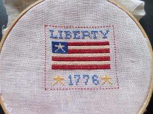 Finished Liberty 1776 Cross Stitch in Hoop